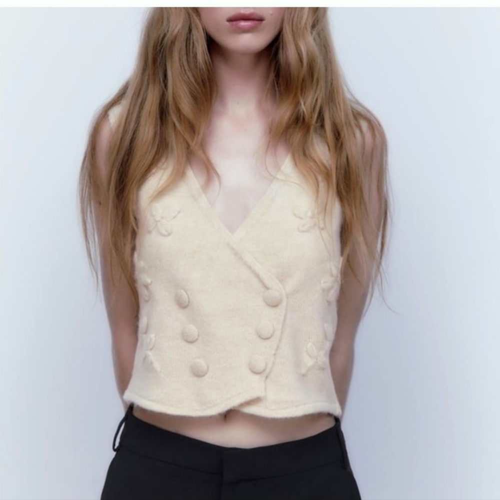 Zara Stone Embroidered Knit Vest, a V-neck, sleeveless top Medium